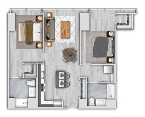 Floor plan for 2 beds, 2 baths, 1129 sqft